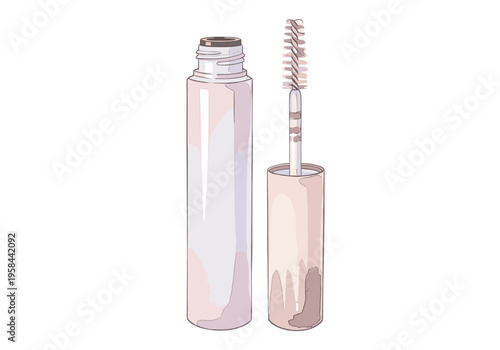 Illustration of an open brow gel tube with applicator wand and cap