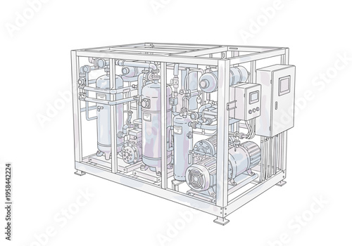 Industrial refrigeration unit with compressors, tanks, and control panel