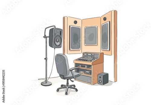 Recording studio setup with mixing console, speakers, and chair