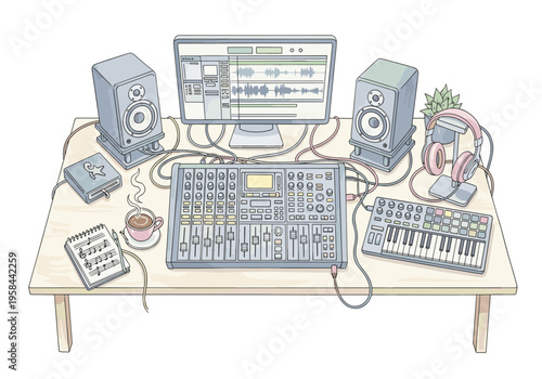 Home recording studio setup with audio mixer, computer, and speakers