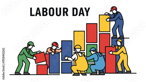 Labour Day Illustration: A vibrant illustration depicts construction workers collaboratively building a rising graph of success and achievements, symbolizing the impact of the working class.