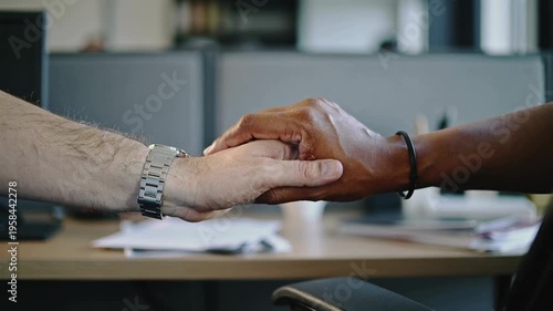Two people extending their hands in a gesture of agreement or partnership in an office setting.