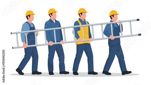Teamwork on the Move: Four diligent workers, clad in safety attire, collaborate seamlessly to carry a sturdy ladder across a worksite, symbolizing unity and efficiency.