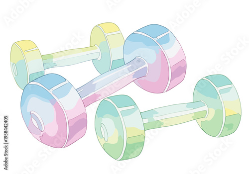 Pastel colored dumbbells arranged in a playful composition for fitness and wellness