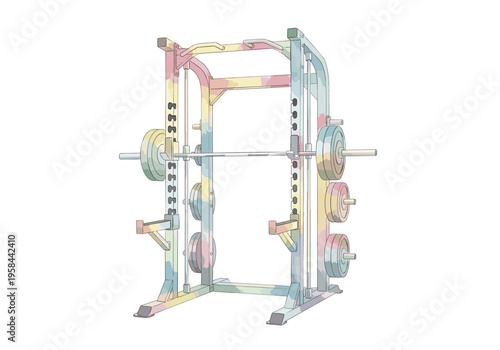 Colorful smith machine with barbell and weight plates for strength training