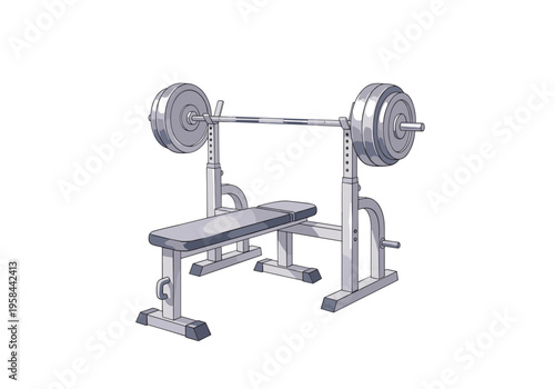 Weightlifting bench press with barbell and weight plates on rack