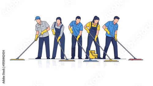 Cleaning Crew on Duty: A team of dedicated individuals, clad in professional attire, diligently clean a space using mops, symbolizing commitment to sanitation and hygiene. 