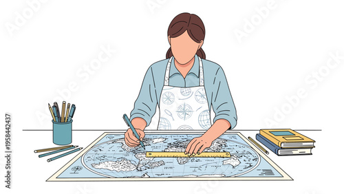 Mapping the Vision: A focused individual meticulously crafts a detailed map, using a ruler and pen to chart new territories, surrounded by tools of the trade.