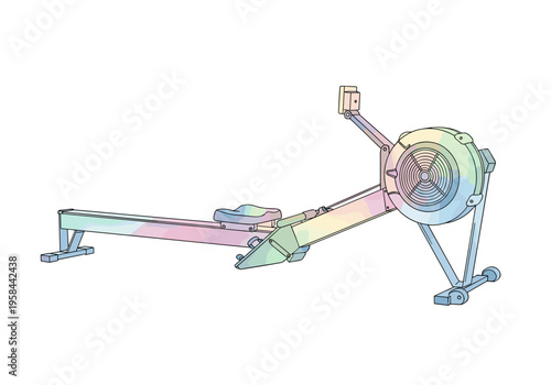 Colorful rowing machine illustration with pastel watercolor accents on a white background