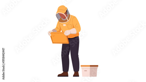 Beekeeper with Beehive: A beekeeper meticulously tending to a beehive, attired in protective gear, symbolizes dedication to the craft and the nurturing of nature's vital pollinators.