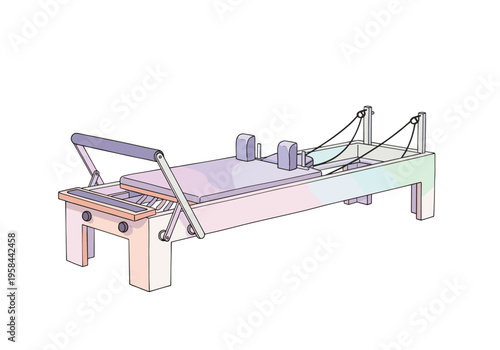 Pilates reformer machine with colorful pastel accents and smooth lines