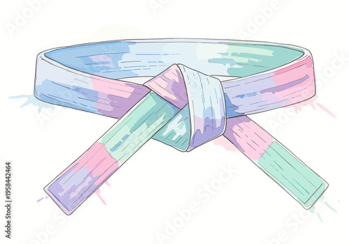 Colorful martial arts belt tied in a knot with pastel watercolor effect