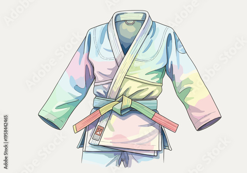 Colorful martial arts uniform with a tied belt, representing discipline and achievement