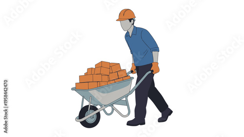 Construction worker with brick transport: A construction worker pushing a wheelbarrow stacked with bricks, essential elements in the process of building and architecture. Depicting diligent labor.