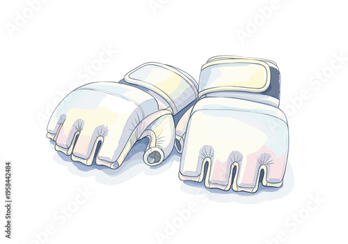 Pair of white MMA gloves with open fingers on a white background