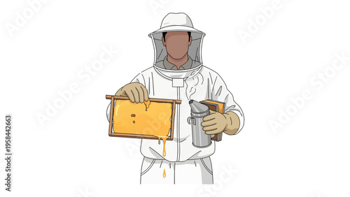 Bee Keeper's Harvest: An image features a beekeeper meticulously tending to a honeycomb frame, embodying the art of apiculture, a testament to nature's bounty and the sweet rewards of the apiary.