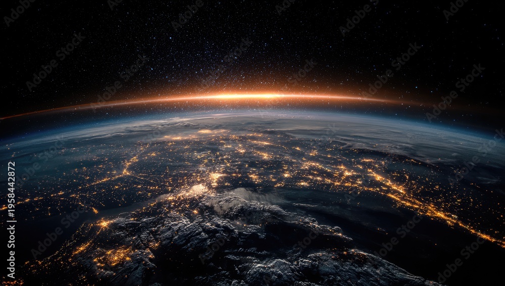 Fototapeta premium A breathtaking view of the Earth from space showcasing the curvature, city lights, clouds, and a sunrise. Sparkling stars fill the night sky above