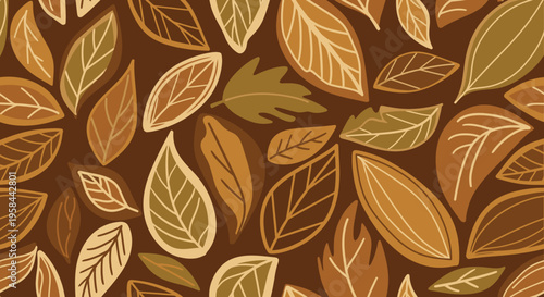 Seamless autumn leaves pattern illustration with warm fall colors on a dark brown background, perfect for seasonal designs and textiles.