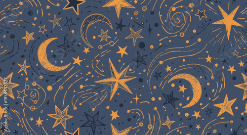 Whimsical night sky pattern with hand-drawn stars, crescent moons, and swirling cosmic dust on a dark blue background