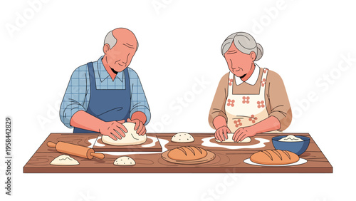 Baking Together: An older couple shares a heartwarming moment, kneading dough with care in their cozy kitchen, a testament to enduring love and shared culinary passion.