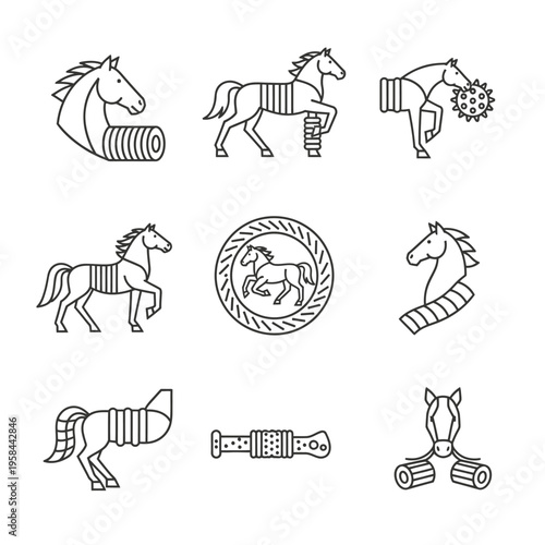 Set of Horse Training Equipment Line Art Icons.