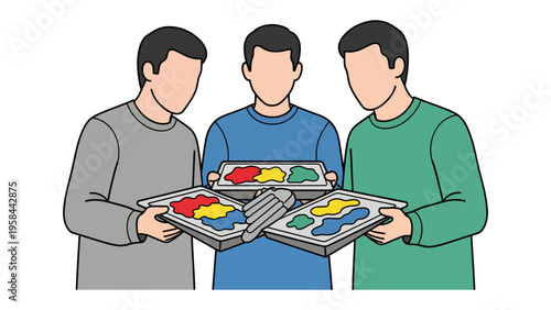 Team with Puzzle Piece: Three individuals hold up trays of colorful puzzle pieces, representing teamwork and collaboration to solve a complex challenge.