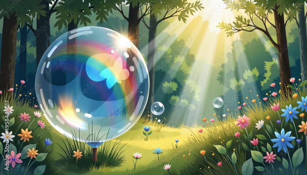 Fototapeta premium Colorful soap bubble floating in vibrant forest with sunlight rays 