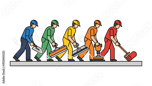 Construction Progression: A sequential depiction of construction workers at various stages of a building project, highlighting each step from initial planning to the final finishing touches.