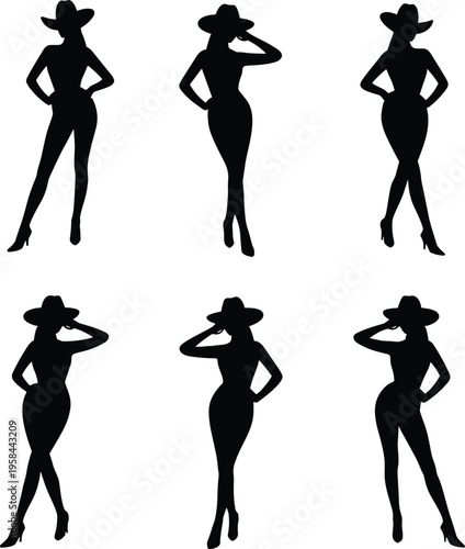 Set of six elegant cowgirl silhouettes featuring slim women in fashionable western hats posing in various confident stances for country music and ranch lifestyle designs.