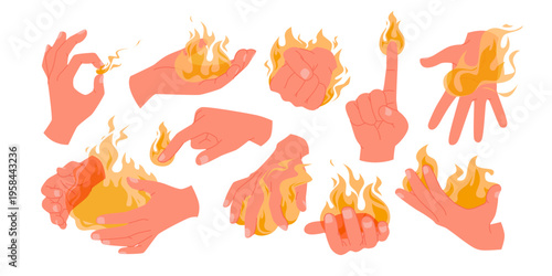 Human hands holding hot fire in palm, front view set. Arm of person carrying flame to light bonfire, flaming gesture to give energy and power of fire, motivation and spirit cartoon