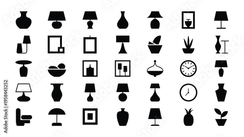 Collection of various home decor icons including lamps vases clocks and plant silhouettes on white background