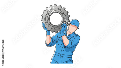 Mechanic's Precision: A skilled mechanic, clad in professional attire, diligently examines a large gear.
