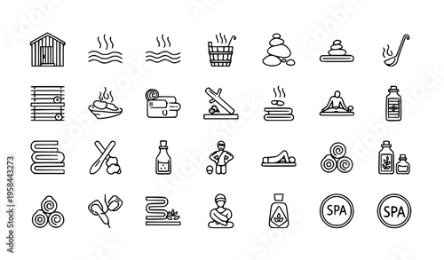 Sauna spa outline icon set editable vector wellness relaxation symbols for app and web design
