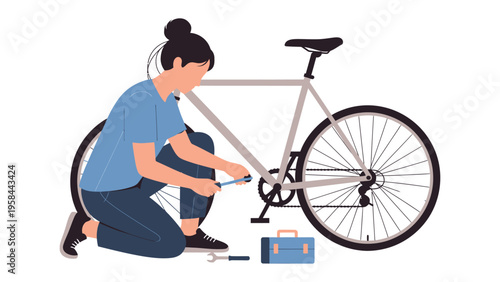 Bicycle Maintenance and Repair: A skilled individual kneels beside a bicycle, meticulously working on its mechanics with tools laid out, highlighting a commitment to cycling upkeep and repair.