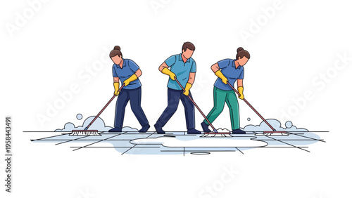 Teamwork Clean-up: A diligent team of individuals efficiently cleans a tile surface. with dedicated teamwork, the scene depicts a neat and productive cleaning task.
