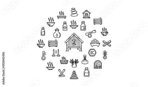 Trendy sauna spa outline icons collection circular vector wellness and relaxation symbols