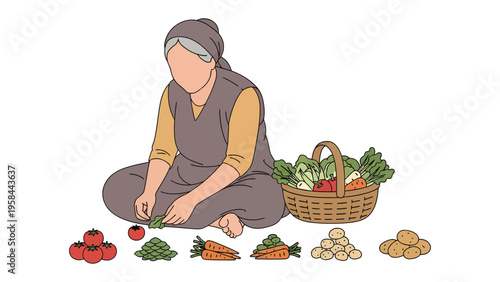 Market Harvest: An elderly woman, her weathered hands tending to an array of fresh, colorful vegetables artfully arranged for sale, embodying the essence of farm-to-table simplicity.