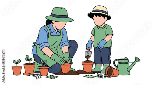 Cultivating Future: A tender moment unfolds as a mother and child nurture new life together. Planting a seed of love, the essence of growth and connection.