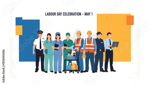 Labor Day Celebration: A diverse group of essential workers stand united, embodying the spirit of Labor Day with pride and appreciation for their contributions.