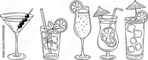 Hand drawn cocktail drinks vector illustration set featuring martini mojito champagne tropical beverages with ice citrus garnish outline for bar menu