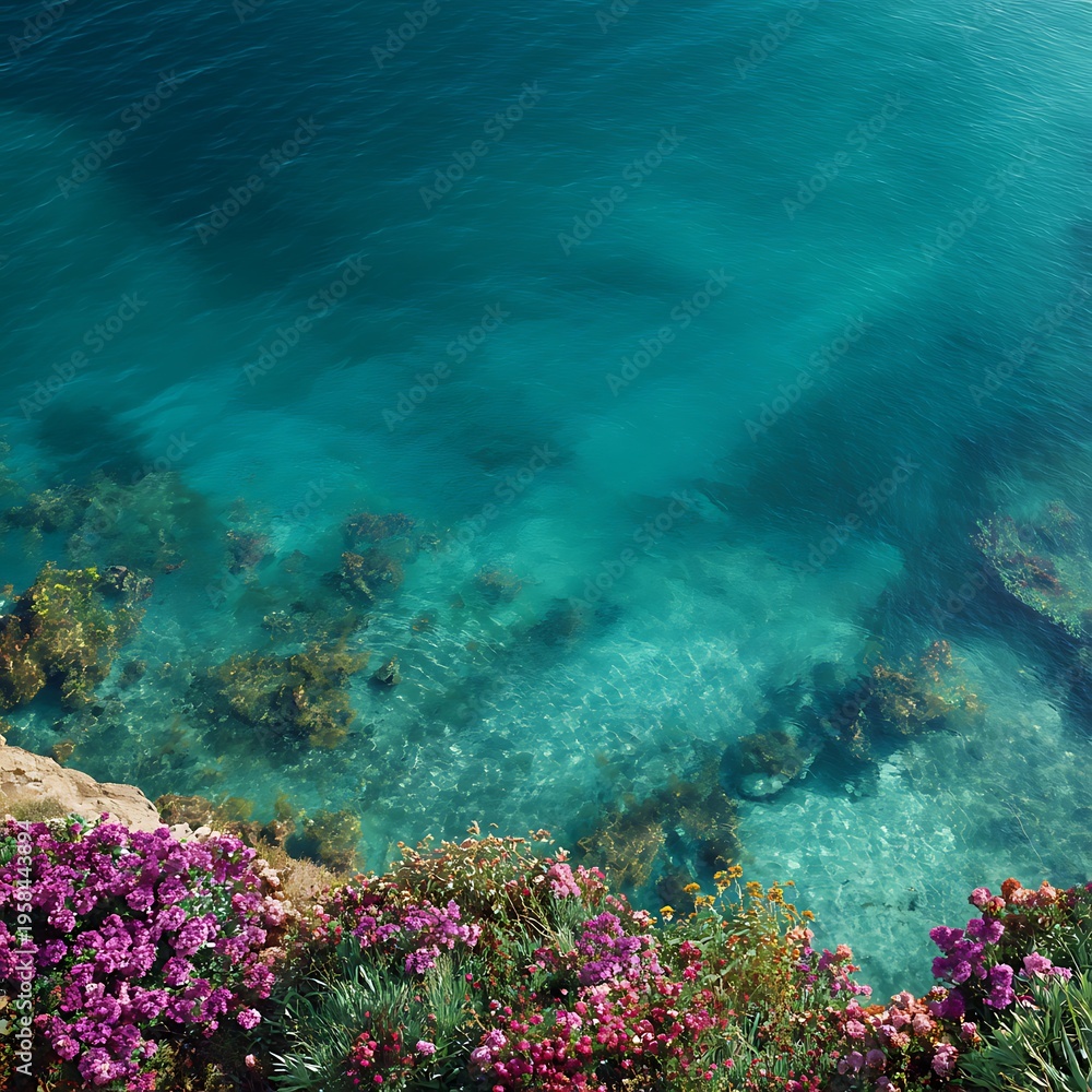 Fototapeta premium Vibrant coastal flowers overlooking clear turquoise ocean water