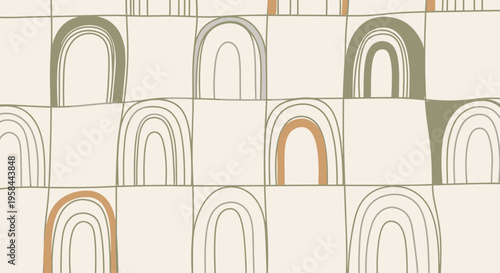 Abstract seamless pattern with hand-drawn rainbow arches in muted earthy tones on a cream background