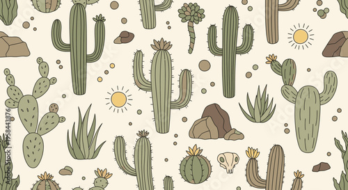 Seamless pattern of various desert cacti and succulents with rocks and suns on a cream background