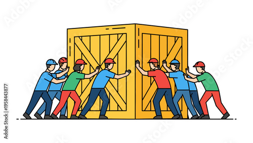 United Push: A dedicated team demonstrates collective effort by pushing a massive wooden crate together, epitomizing the spirit of collaboration, teamwork, and moving a goal forward.