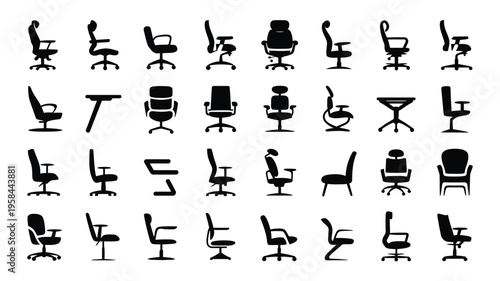 Collection of office chairs in various styles and positions on white background for design and decoration