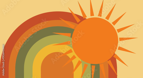 Retro sun and rainbow with warm, earthy tones, evoking a sense of hope and optimism.