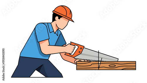 Carpenter's Craft: A construction worker meticulously saws through a wooden plank with precision and focus, embodying skill and dedication.