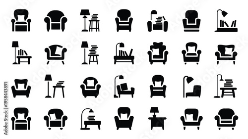 Collection of various black chair and sofa icons with lamps and tables on white background for design and decoration