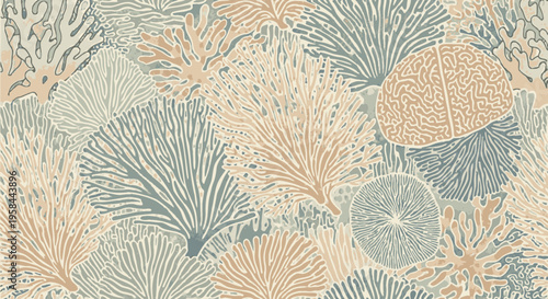 Seamless pattern of stylized coral reef elements in pastel colors, ideal for wallpaper and textile design
