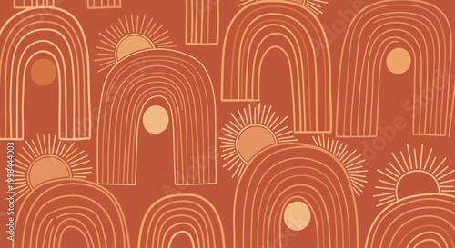 Seamless boho abstract pattern with terracotta arches and suns, modern earthy design for textiles, wallpaper, and digital backgrounds.
